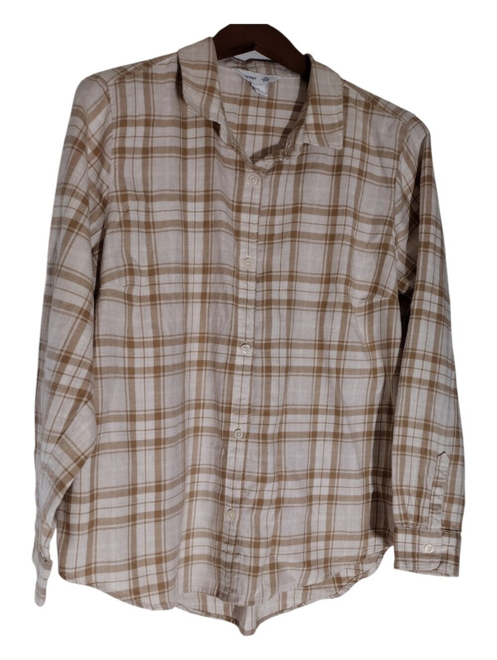 Old Navy Women's Beige and Brown Plaid Button-Down Shirt